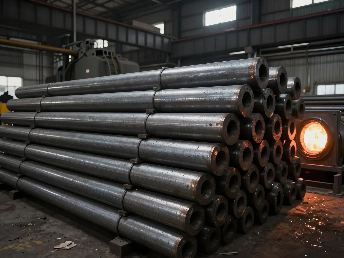 Neatly stacked industrial steel ingots in a high-contrast foundry