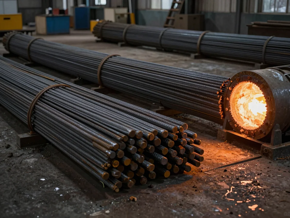 Bundled structural steel rebar and bars under warm directional fu