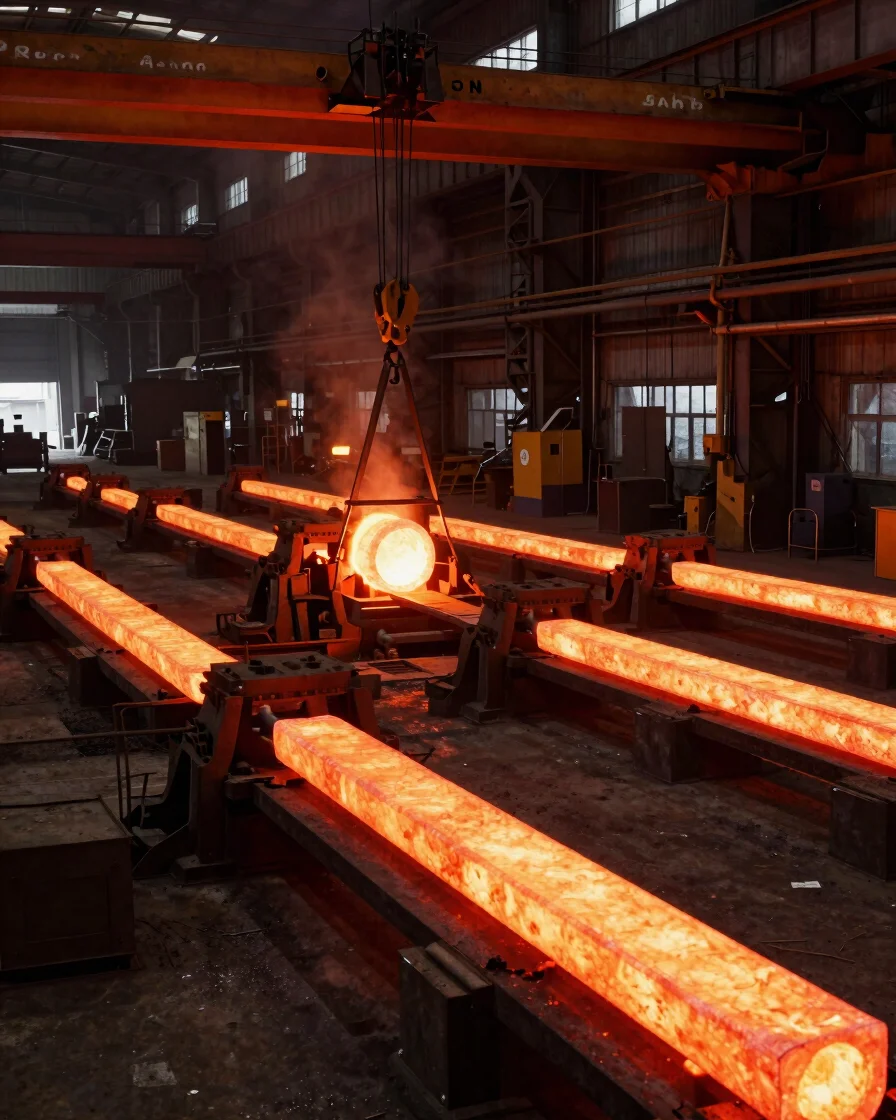 Wide panoramic foundry floor with glowing red-hot steel ingots and overhead crane hooks handling heavy metal billets und